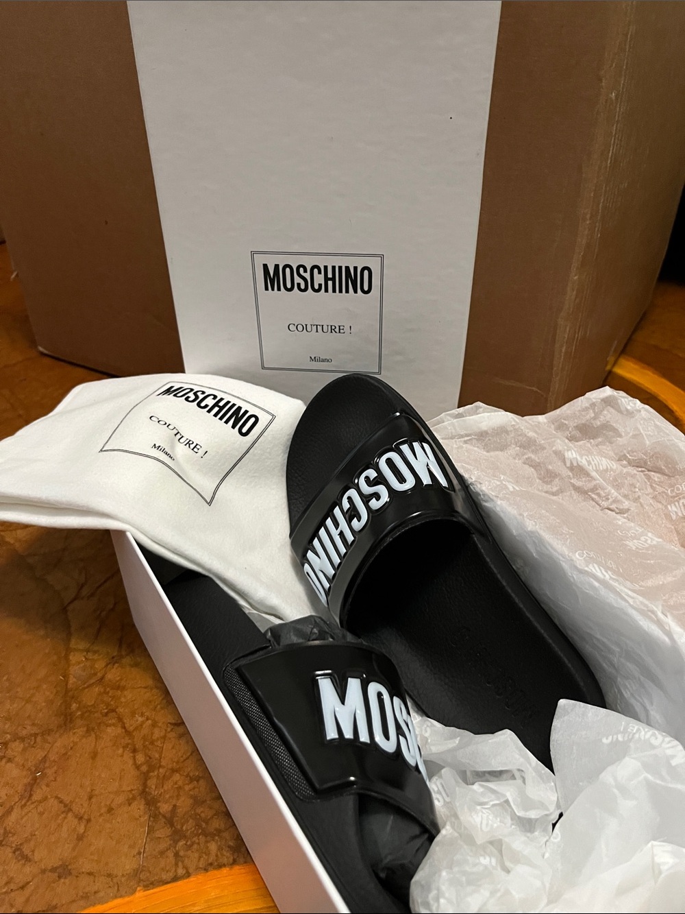 NEW Moschino Black Slides with White Logo Womens Sz US 5 or EU 35